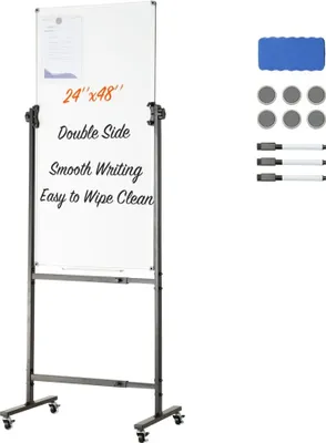 Zdjęcie produktu dla Tablica magnetyczna na kółkach - 611 x 1220 mm - Przenośna tablica o regulowanej wysokości - Ze stojakiem - Dwustronna tablica na kółkach - Mobilna tablica do biura, klasy i domu