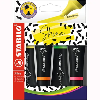 Obrázek produktu pro Zvýrazňovač v tubě - STABILO Shine - balení 4 ks - žlutý, oranžový, zelený, růžový