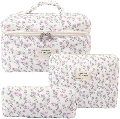Produktbild von Kosmetiktasche 3-teilig, Blumenmuster, Baumwolle, Make-up Beutel für Reisen