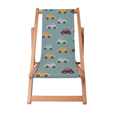 A wooden deck chair with a colorful car pattern on a white background.