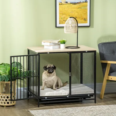 A pug sits inside a dog crate that doubles as a side table, with a lamp and books on top.