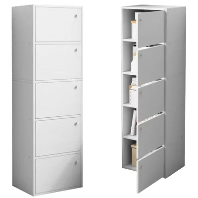 Two views of a white, five-shelf cabinet. One view shows the cabinet closed, and the other shows it open with some items on the shelves.