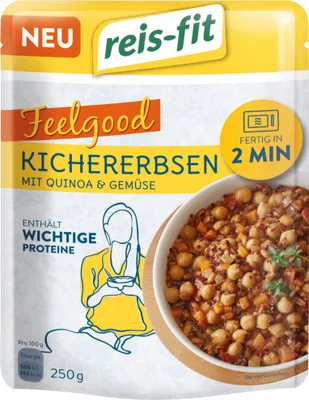 Produktbild von Reis-Fit Feelgood Kichererbsen Quinoa und Gemüse 6er Pack (6x250g Packung) + usy Block