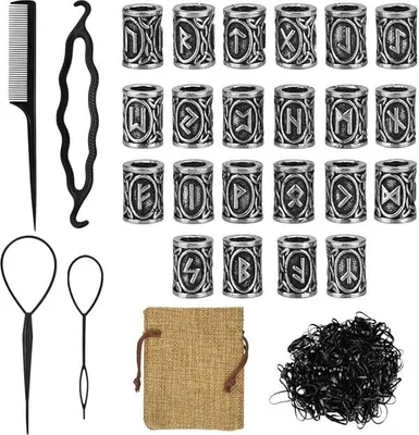 Produktbild von 24 Stücke Bartperle Wikinger Rune Bart Perlen 10*13mm 400 Gummibänder
