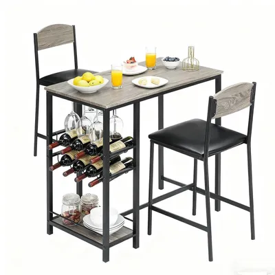 Immagine prodotto di Set da bar con 2 sgabelli, tavolino da bar con portabottiglie e spazio contenitivo, grigio, 92 x 49,8 x 92,5 cm