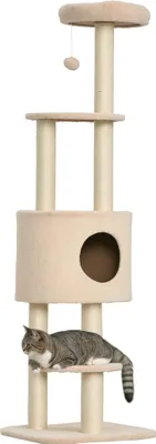 Image de PawHut Arbre à chats avec griffoir arbre à grimper pour chat avec niche et plate-formes peluche haute densité hauteur 148 cm beige