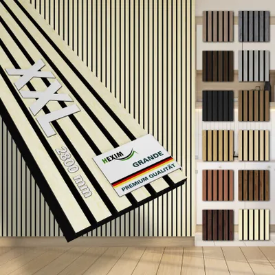 Produktbild von HEXIM Akustikpaneele 280x30cm Holz Grande - XXL Wandpaneele Platten Lamellen Holzpaneele Echtholzfurnier 21mm Filz Schalldämmung MDF Elfenbein (0,85m² Light Ash)