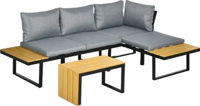 An outdoor sectional sofa set with two small coffee tables against a white background.