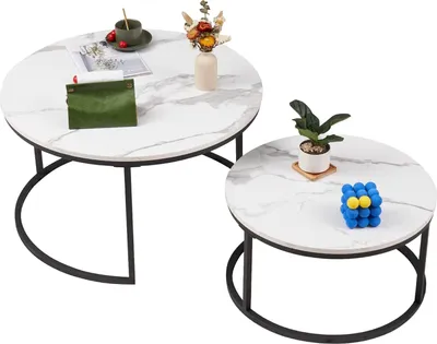 Immagine prodotto di Fortuna Lai set di 2 tavolino rotondo tavolino (finto marmo) per il soggiorno, dimensioni grandi: 80x80x45cm; dimensioni piccole: 60 x 60 x 33 cm, nero