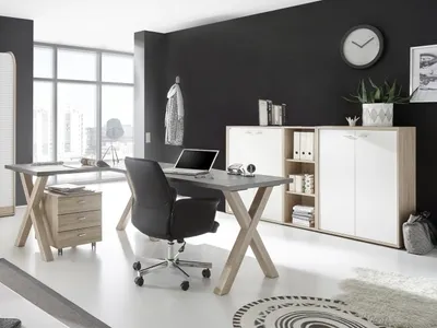 Produktbild von Büromöbel Mister Office 5 teiliges Komplet Set in Eiche Sägerau mit weißen Fronten
