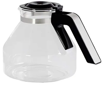 A clear glass coffee pot with a black and silver handle.