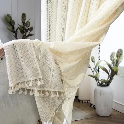 Image de Ensemble de 2 rideaux de style bohème, beige, vintage, de type français rétro, en crochet, transparents, idéaux pour les rideaux de salon ou de chambre