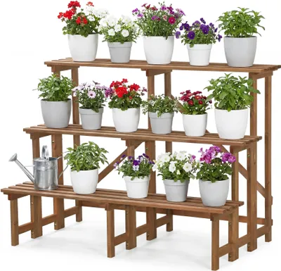Produktbild von needs&wants® Große Pflanzentreppe Blumentreppe mit 3 Stufen Etagen, Pflanzenständer Blumenständer Pflanzenregal Blumenregal XL Holz wetterfest Outdoor