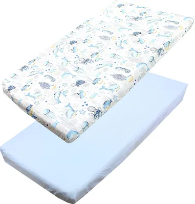 Produktbild von TupTam Baby Spannbettlaken Kinder Spannbetttuch für Babybett Kinderbett 2er Pack, Farbe: Meerestiere Blau, Größe: 90 x 200 cm