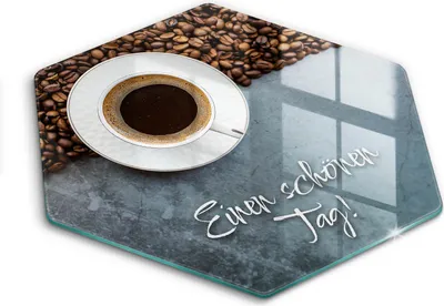 Produktbild von Glasschneideplatte - Herdabdeckplatte - Hexagon 40 cm  - Schneidebrett - Spritzschutz - Tasse Kaffee, Schönen Tag!