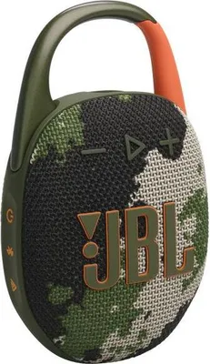 A JBL Clip 5 portable speaker with a camouflage pattern.