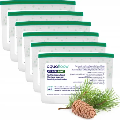 Zdjęcie produktu dla Aquafloow osuszacz pokojowy 400 ml, redukuje wilgoć 6 sztuk PINE | neutralizator zapachów, pochłaniacz wilgoci do kuchni, szafki
