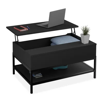 Image de Table basse pliable Relaxdays, avec tablette, table de salon avec espace de rangement, aspect bois, dimensions : 45,5 x 90 x 60 cm, noir