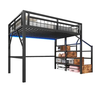 Produktbild von Hochbett mit RGB LED-Streifen, Rausfallschutz und Lattenrost, 140x200 cm, Treppe mit Regal, Kinderbett, Metallbett
