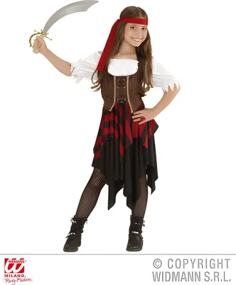 A young girl dressed as a pirate, holding a toy sword.
