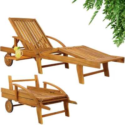 Produktbild von Casaria® Sonnenliege Klappbar Wetterfest Holz Gartenliege 160kg Belastbar mit 2 Räder Ablage Tisch Liegestuhl Verstellbare Rücken- Fußlehne Garten 196cm