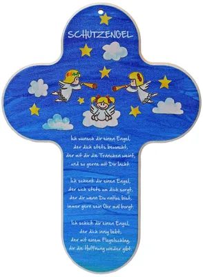 Kinderkreuz aus Buchenholz, Schutzengel-Druck, 20 cm
