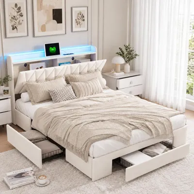 Produktbild von INONEFT Polsterbett 140 x 200 cm, Erwachsenenbett mit Lattenrost und 3 Schubladen, Doppelbett mit LED und USB, Jugendbett, Beige, Samt, ohne Matratze