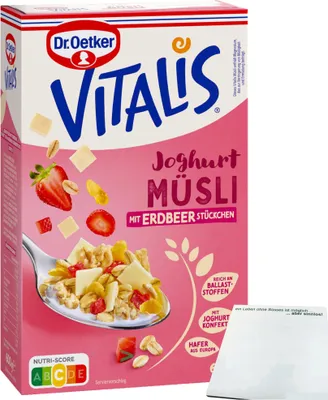 Produktbild von Dr. Oetker Vitalis Joghurtmüsli mit Erdbeerstückchen (600g Packung) + usy Block