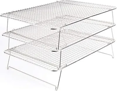 Produktbild von Tebery 3-stöckiges Auskühlgitter, Edelstahl Kuchenauskühler, Stapelbar Kuchengitter, Backgitter platzsparend, faltbar, Antihaft, 42 x 30.5 x 27 cm, für Braten Grillen von Kekse Kuchen, Silver