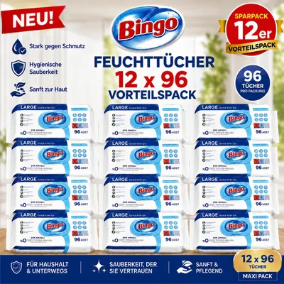 Immagine prodotto di Bingo Feuchttücher Weißseife 12x96 Blatt – Großpackung – Mehrzweck Reinigungstücher