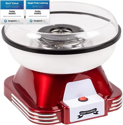 Produktbild von GADGY® Zuckerwattemaschine für zuhause - Retro Baumwolle Candy Machine - Zuckerwatte Maschine mit Stäbchen und Messlöffel - Höhe 22 cm Rot Weiß - 500 W