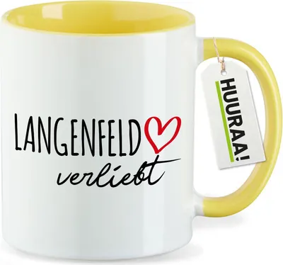 Produktbild von Huuraa Kaffeetasse Langenfeld (Rheinland) verliebt 330ml Gelb Keramik Kaffeebecher Geschenkidee