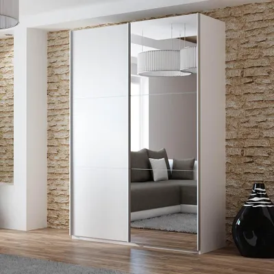 Produktbild von Krudox PRV Kleiderschrank Schiebetür Weiß 150 cm mit Spiegel 2 Kleiderstangen Schlafzimmer Schrank