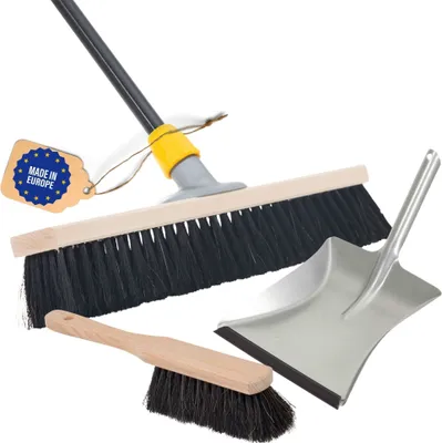 Produktbild von Novaliv Saalbesen 50 cm mit Stiel Borsten Haarmischung inkl. Kehrgarnitur verzinkt mit Gummilippe bestehend aus Kehrblech und Handfeger besen fein Ideal als Werkstattbesen Industriebesen mit Stiel
