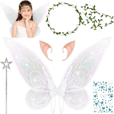 Productafbeelding van Fairy Wings Kostuum - Vlindervleugels Elfenslinger - Feestelijke Verkleedpartij - Compleet 5-delig - 60 x 46 cm - Wit