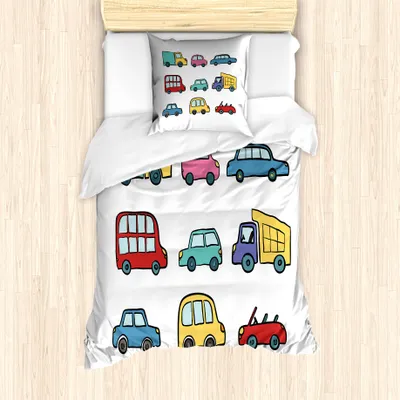 Produktbild von ABAKUHAUS Vintage Trucks Bettbezug Set für Einzelbetten, Cartoon Cars, Milbensicher Allergiker geeignet mit Kissenbezug, 135 cm x 200 cm - 80 x 80 cm, Mehrfarbig