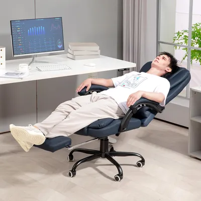 Produktbild von Sweiko Massage-Bürostuhl, 7 Vibrationspunkte, verstellbare Fußstütze & Lehne, bis 120 kg, Lederoptik, Blau