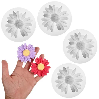 Image de Moules en silicone en forme de marguerites, lot de 4, fleurs en 3D pour gâteaux, chocolats, savons