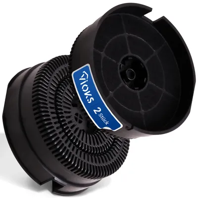 Two black carbon filters for a cooker hood, presented in a studio shot against a white background.