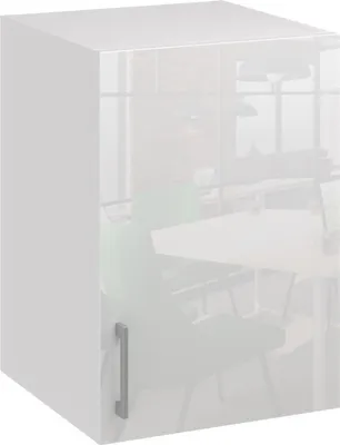 A white kitchen cabinet with a silver handle, reflecting a room with tables and chairs.