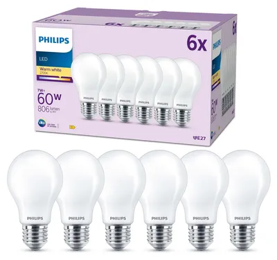 Productafbeelding van Philips Matte gloeilamp met een klassiek uiterlijk, 60W, A60, 6 stuks, E27, 7W, 60W, E27, 806 lumen, 15.000 uur, warm wit