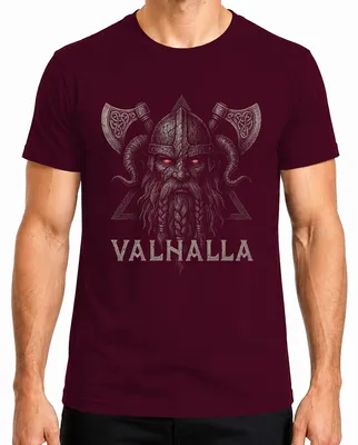 Imagen del producto de Camiseta para hombre, diseño "Vikinger Valhalla", con hacha, Odín, guerrero, mitología nórdica. Color burdeos, talla L