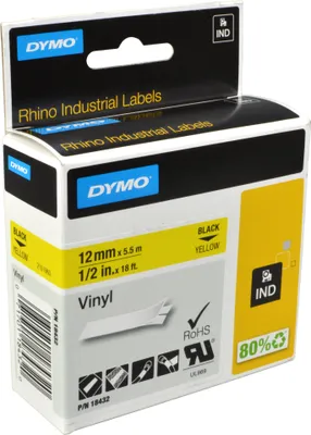 Produktbild von DYMO Rhino-Industrie-Vinyletiketten | 12 mm x 5,5 m | schwarz auf gelb | selbstklebend | für Rhino und LabelManager Beschriftungsgerät, Schwarz auf gelb, Mehrfarbig, Vinyl, -40 - 80 °C, UL 969, DYMO
