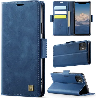 Immagine prodotto di Custodia in pelle per iPhone 11, protezione RFID, chiusura magnetica, slot per schede e supporto Blu