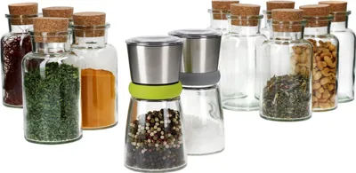 Produktbild von 12tlg Geschenkset 2 Gewürzmühlen Befüllen 10 Gewürzgläser Kork Salz Pfeffer Dosierer Küche