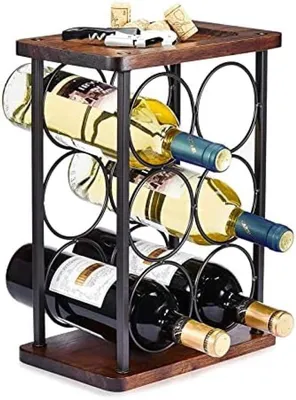 Produktbild von PolkaHome® Holzfreistehendes Weinregal für 6 Flaschen – Stabiles Regal mit Metallrahmen, Schwarz, 34 x 25 x 15 cm