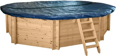 An above-ground wooden pool covered with a blue tarp, with a wooden ladder leaning against it.