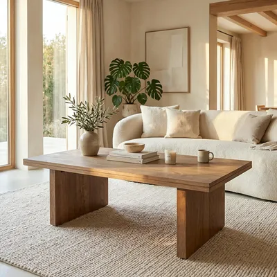 Produktbild von Couchtisch MALABO, 120 x 60 cm aus Mangoholz, Hellbraun - Wohnzimmertisch mit natürlicher Maserung, Coffee Table mit breiten Wangenfüßen, Beistelltisch aus Massivholz, ideal für Wohnzimmer