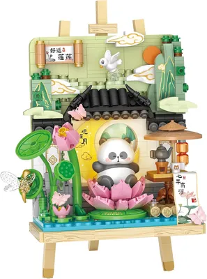 Image de Jeu de construction en forme de panda en 3D, modèle miniature, collection créative des quatre saisons, jouet de construction, décoration intérieure (lotus d'été)