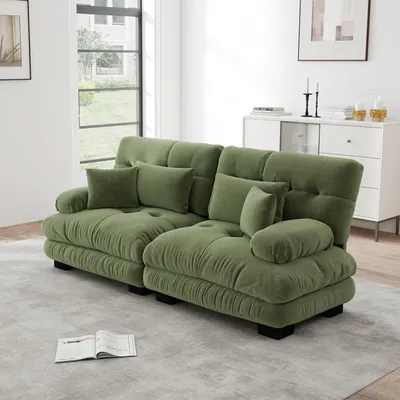 Produktbild von Chenille-Polsterdoppelsofa, mit 2 Lendenkissen und 2 Dekokissen, Massivholzrahmen, 220 x 77 x 81 cm, Grün